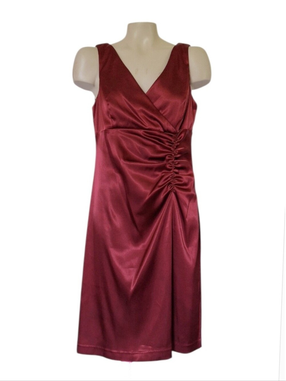 Betsy & Adam Burgundy Satin Ruched Faux Wrap Cocktail Dress Size 10